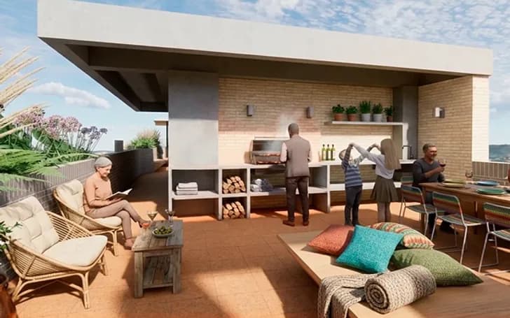 Render de la terraza con zona BBQ, sillas y sofás para reunirse al aire libre