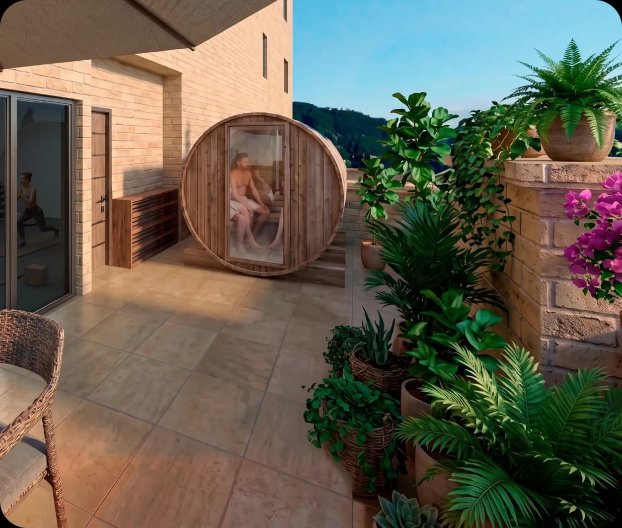 Render de la terraza de Torre Rosetta con sauna de barril, piso en piedra y jardineras con plantas tropicales