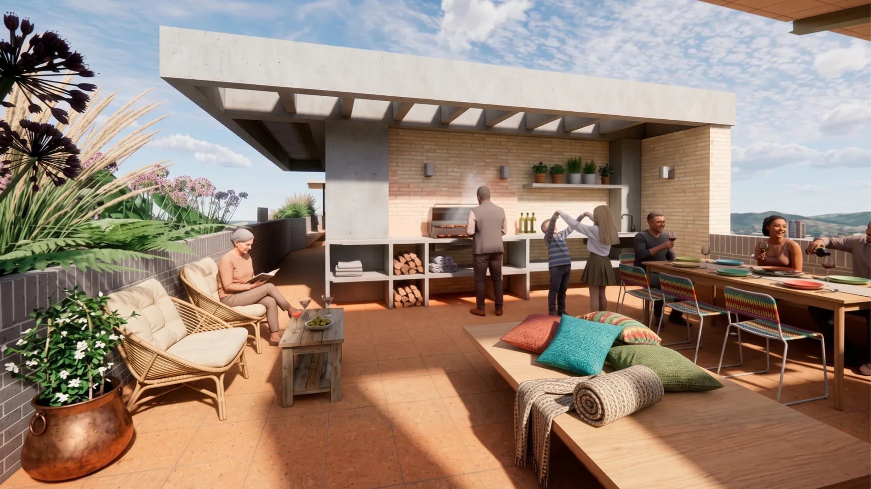 Render de la terraza con zona BBQ, sofás y comedor donde varias personas se reúnen al aire libre