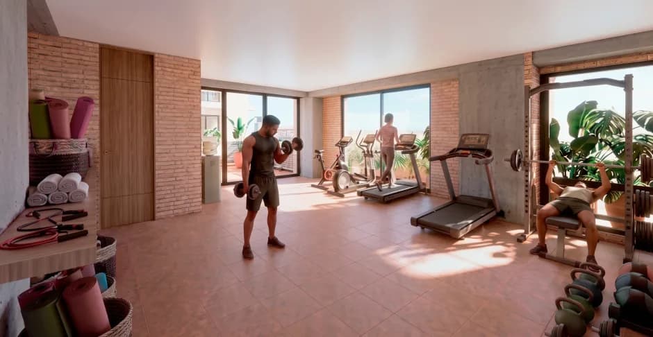 Render del gimnasio de Torre Rosetta con ventanales, pared de ladrillo y equipos de ejercicio