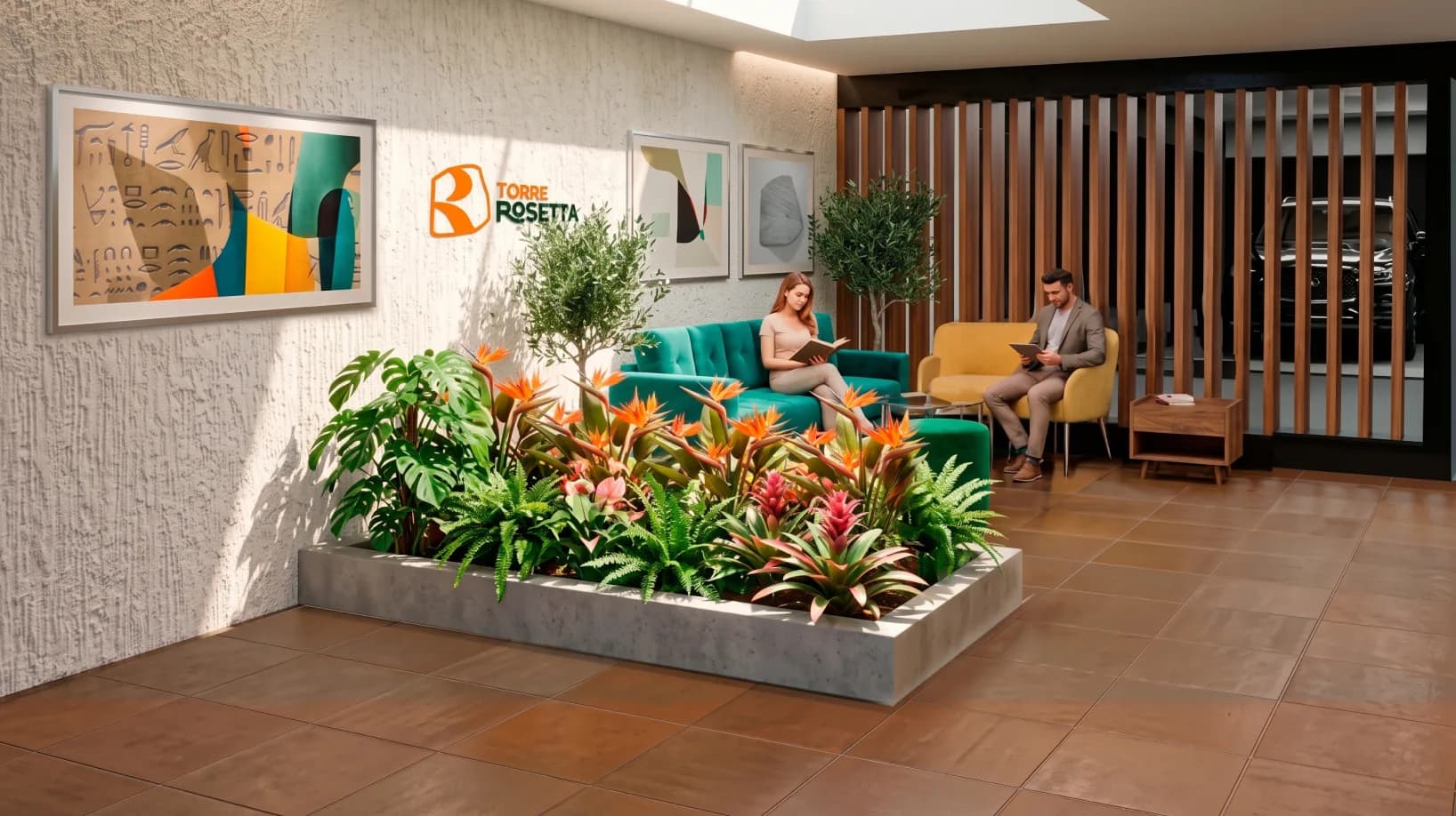 Render del lobby de Torre Rosetta con jardinera de plantas tropicales, sofás y paneles de madera