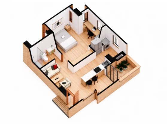 Plano isométrico del apartamento de 52,03 m² · Una habitación + balcón