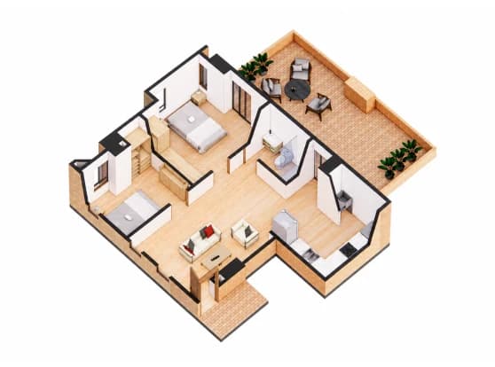 Plano isométrico del apartamento de 53,05 m² · Dos habitaciones + terraza