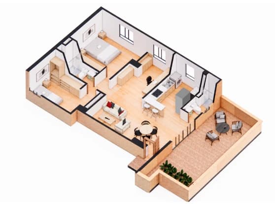 Plano isométrico del apartamento de 76,44 m² · Dos habitaciones + estudio + terraza