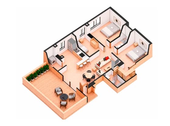 Plano isométrico del apartamento de 83,80 m² · Tres habitaciones + terraza