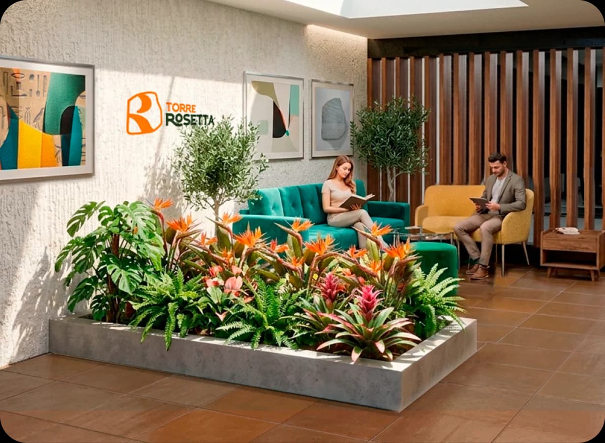 Render del lobby de Torre Rosetta con jardinera de plantas tropicales, sofá verde y zona de espera