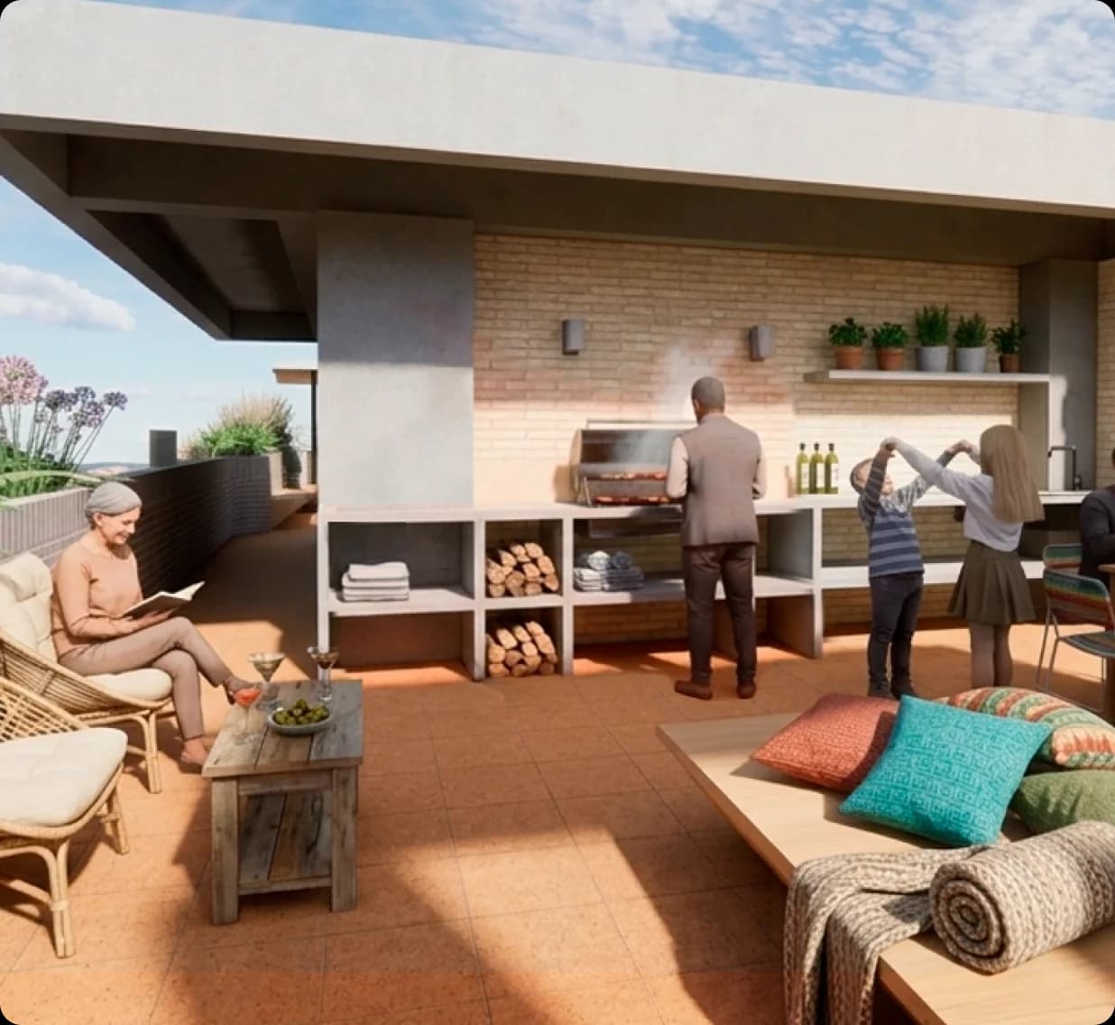 Render de la terraza BBQ de Torre Rosetta con zona de asados, sillas y cojines al aire libre
