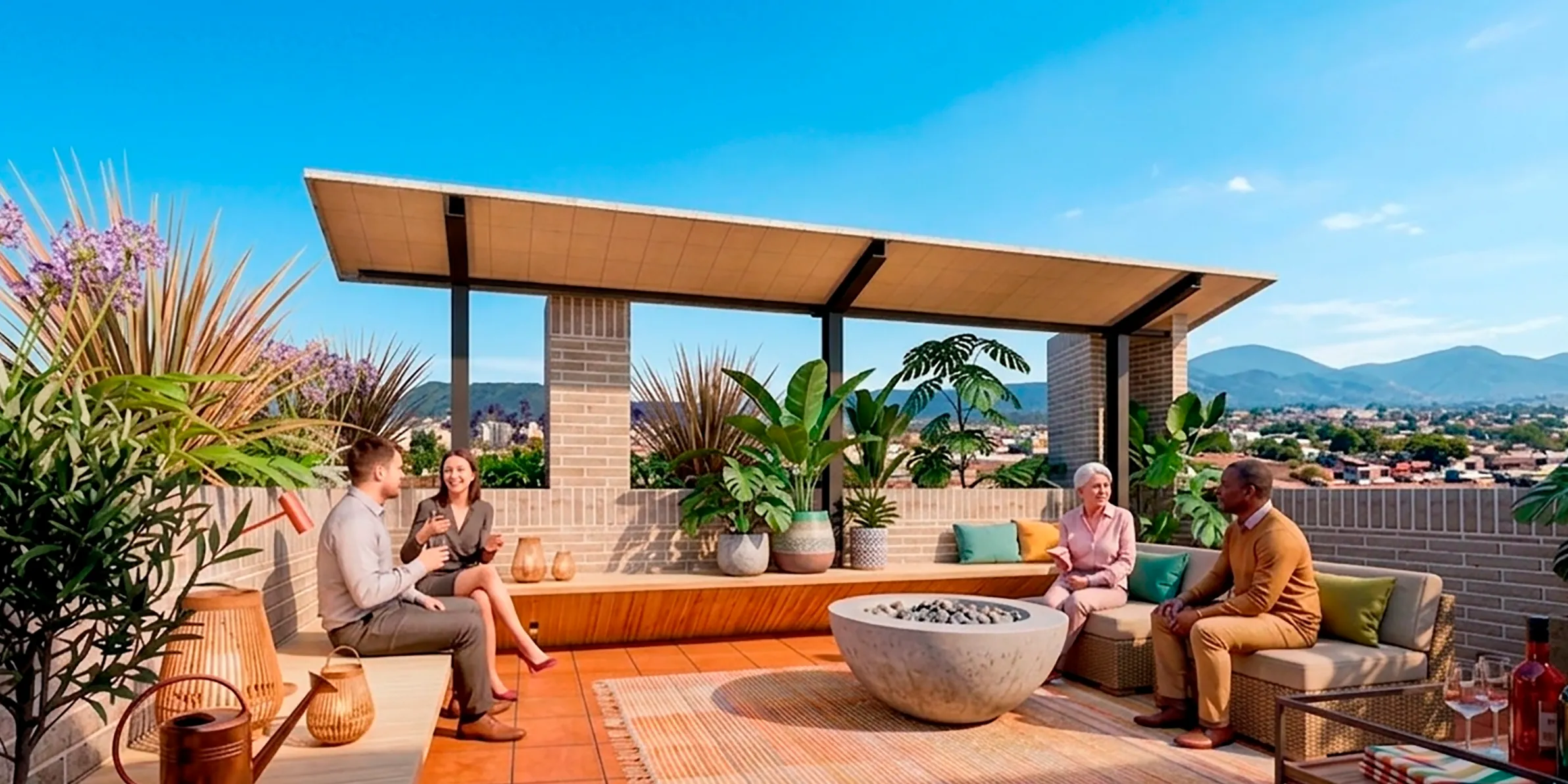 Render de la terraza de Torre Rosetta de día, con residentes conversando junto a la pérgola y plantas floridas