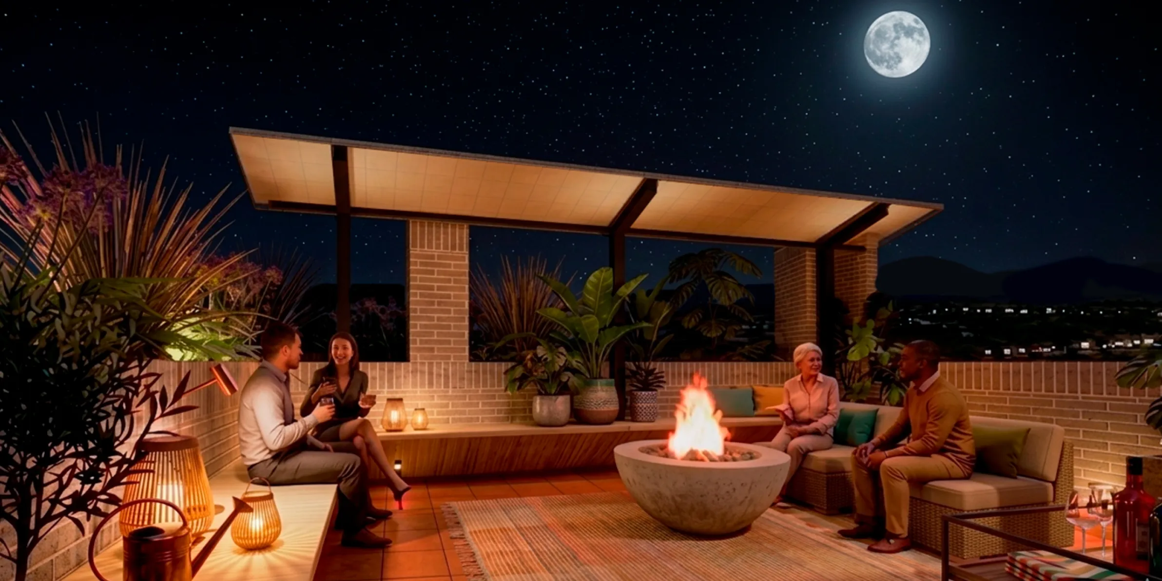 Render de la misma terraza de noche, con luna llena y una fogata encendida
